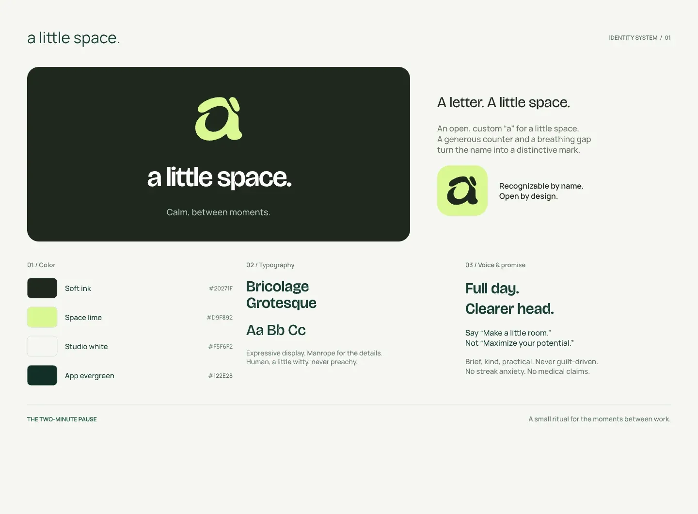 A little space brand identity with its custom lettermark, colour palette, typography and voice.