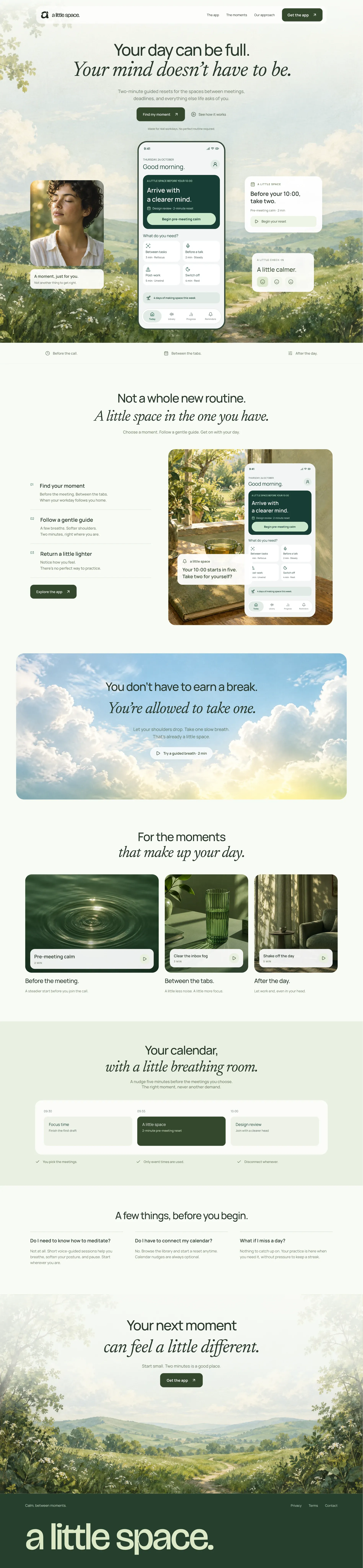 Desktop website design for A little space, from the garden-inspired introduction to guided moments and the closing invitation.