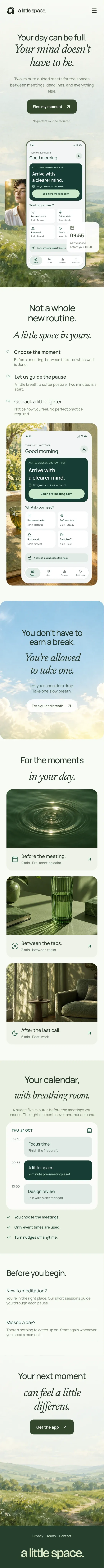 Mobile website design for A little space, showing the responsive product introduction, guided moments and calendar sections.