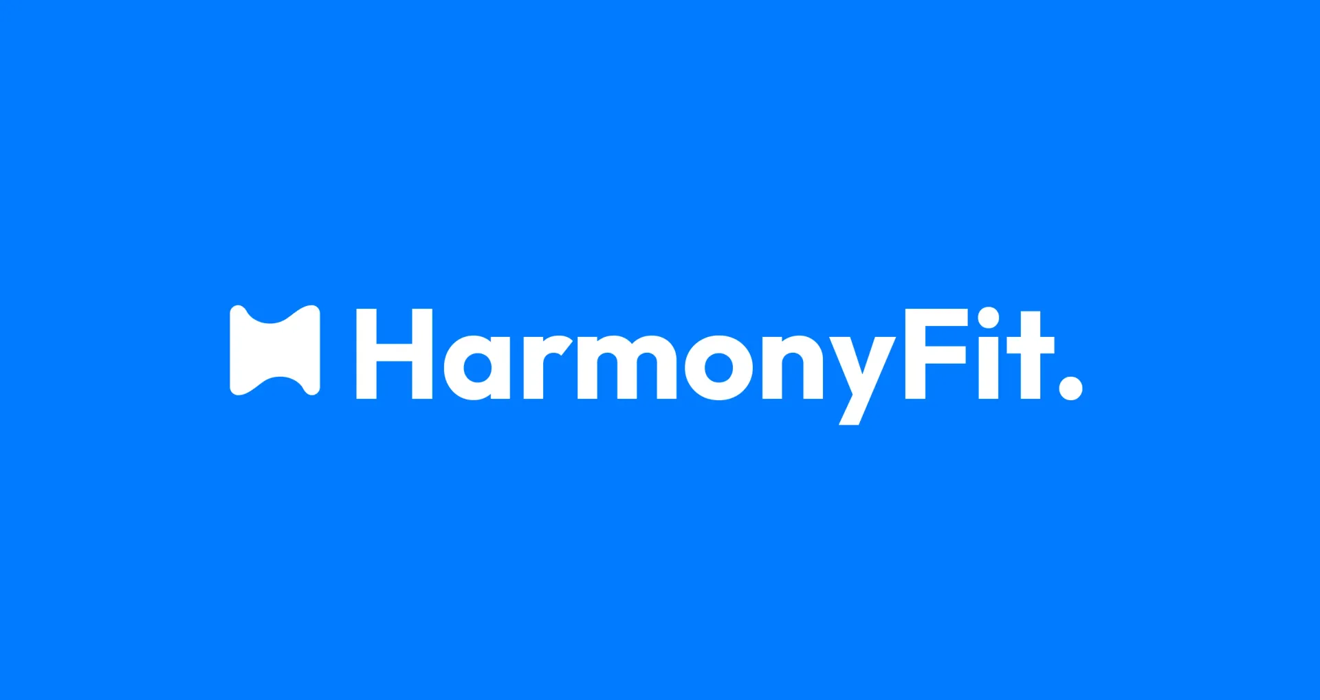 HarmonyFit white brand mark and wordmark on a bright blue background.