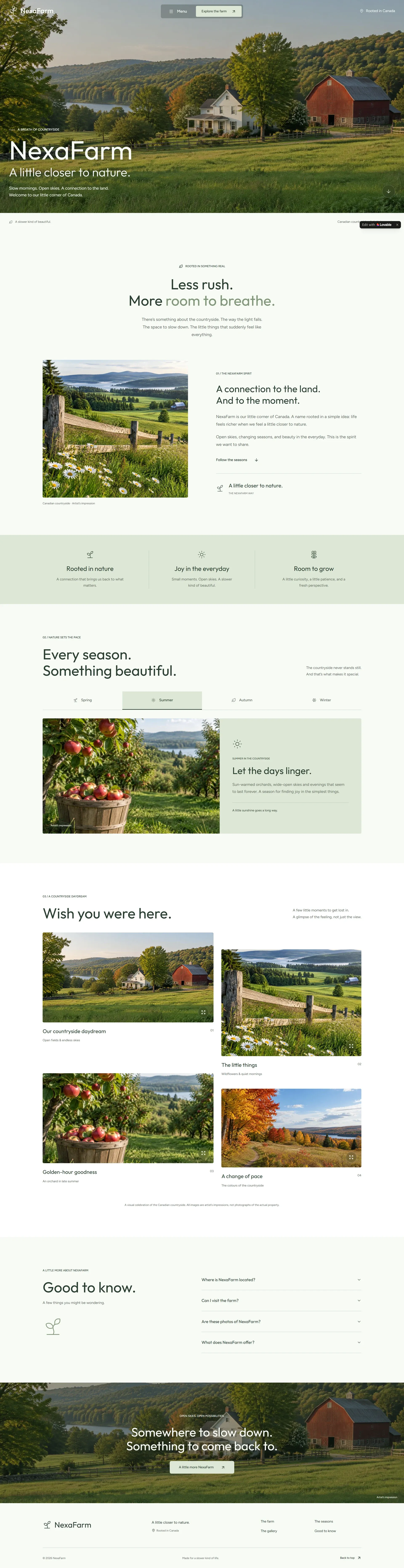 Full NexaFarm landing page design showing illustrative countryside imagery, the farm story, seasonal moments, a gallery and frequently asked questions.