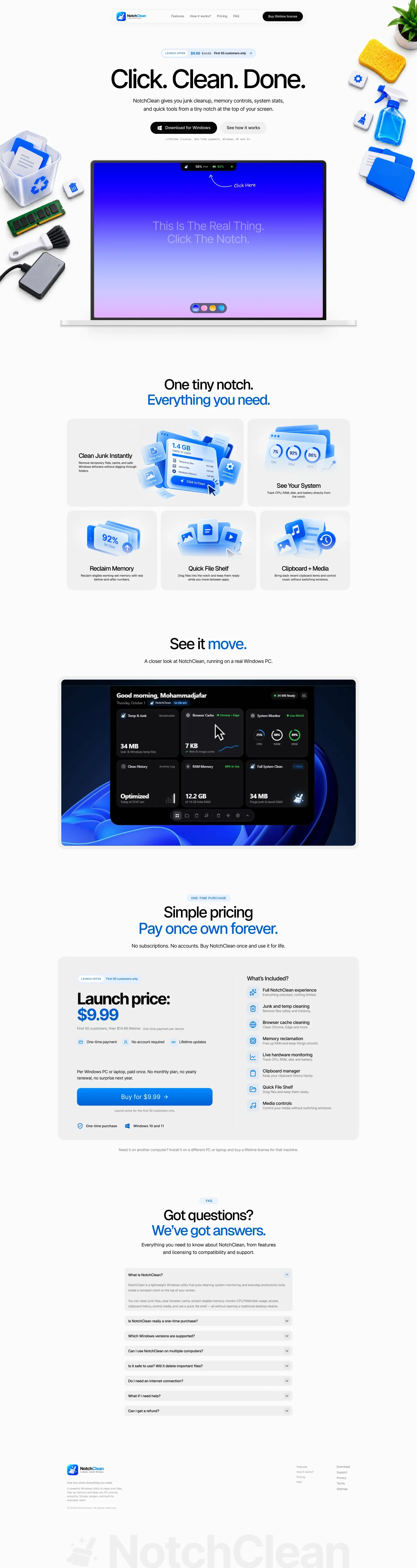 Full NotchClean landing page showing the product introduction, features, app preview, pricing and frequently asked questions.