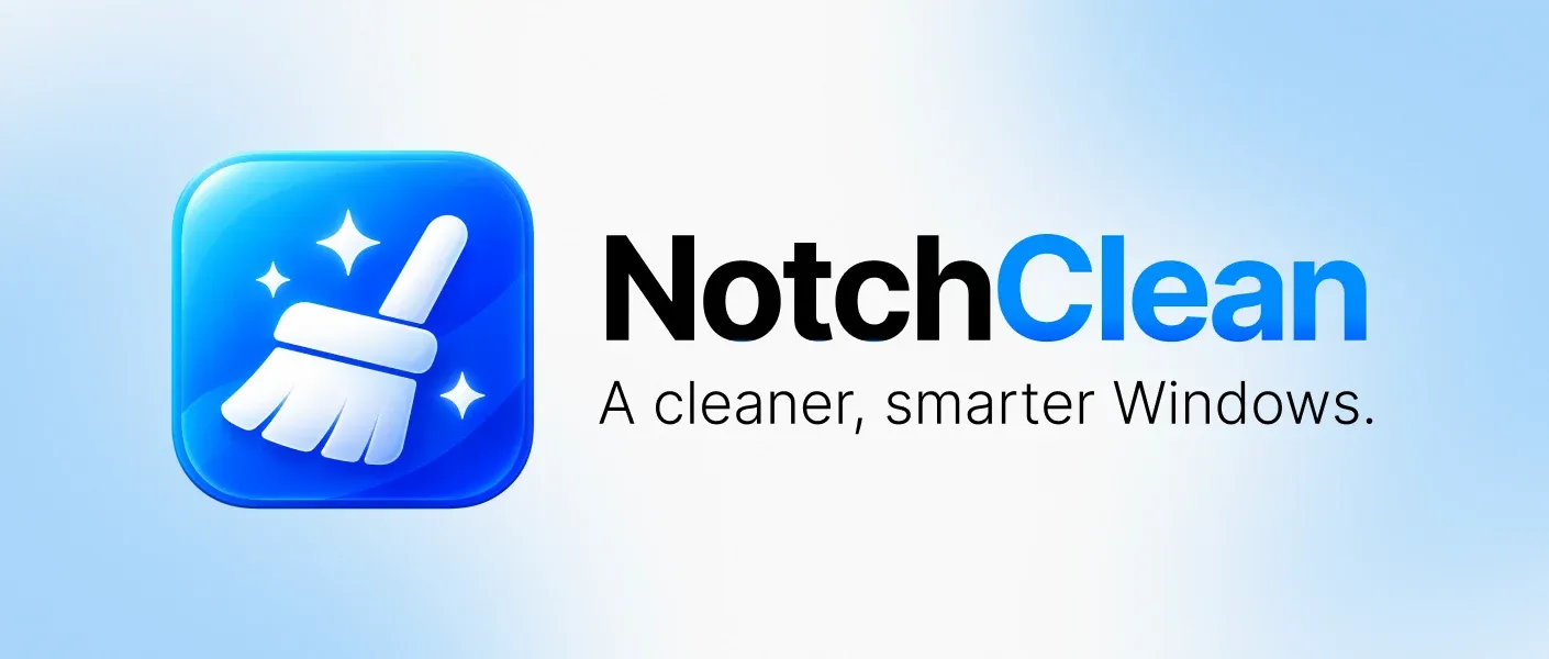 NotchClean logo with a blue cleaning icon, black wordmark and the tagline A cleaner, smarter Windows.