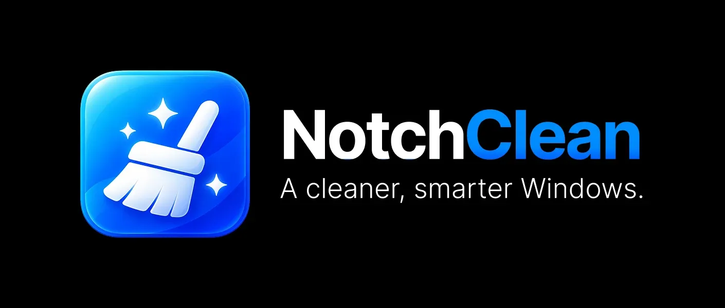 NotchClean logo with a blue cleaning icon and white wordmark on a black background.